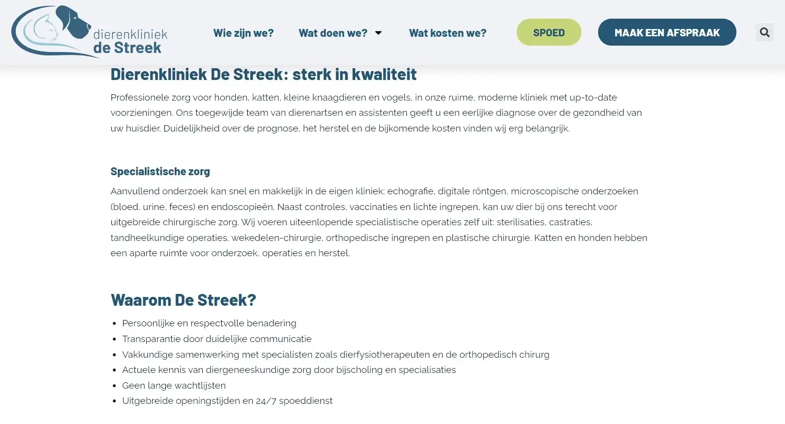 Webteksten en webdesign voor Dierenkliniek de Streek.